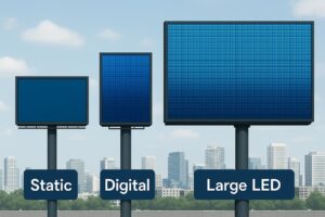 ภาพเปรียบเทียบบิลบอร์ดดิจิทัล (Static) และจอ LED หลายขนาด พร้อมฉลากคุณสมบัติ