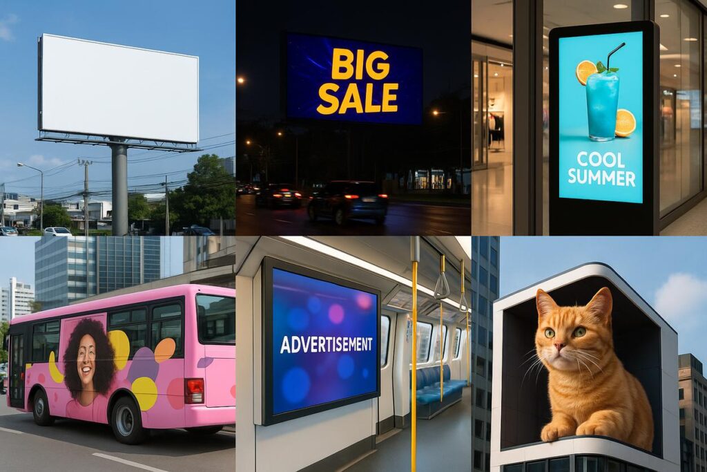 Grid showing static billboard, LED billboard, e-poster, bus wrap, train panel, and 3D anamorphic screen.