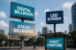 อินโฟกราฟิกแสดงประเภทป้ายโฆษณา: บิลบอร์ดดิจิทัล บิลบอร์ดคงที่ จอ LED และซุ้มโฆษณา